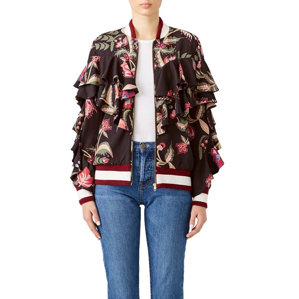 Pat BO Black Fiesta Ruffle Sleeve Bomber Jacket